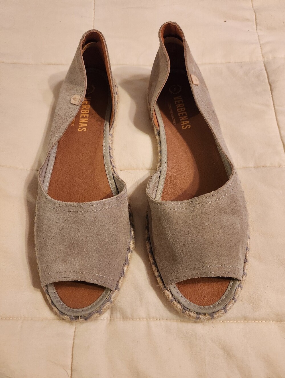 Verbenas Cruz Suede Leather Made In Spain Peep Toe Espadrilles Stone Tan 41